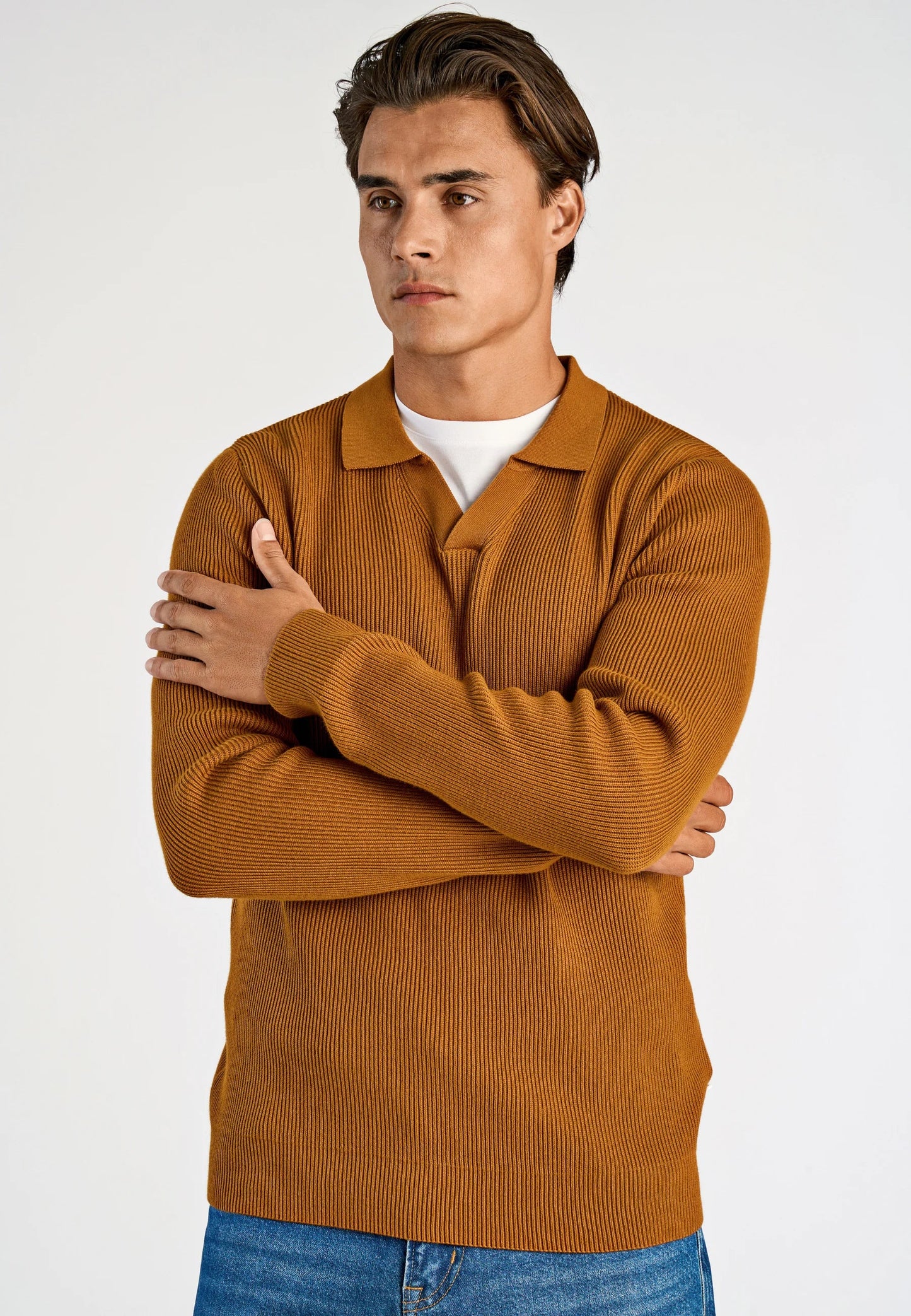 Men's Textured Long Sleeve Polo Shirt - Caramel