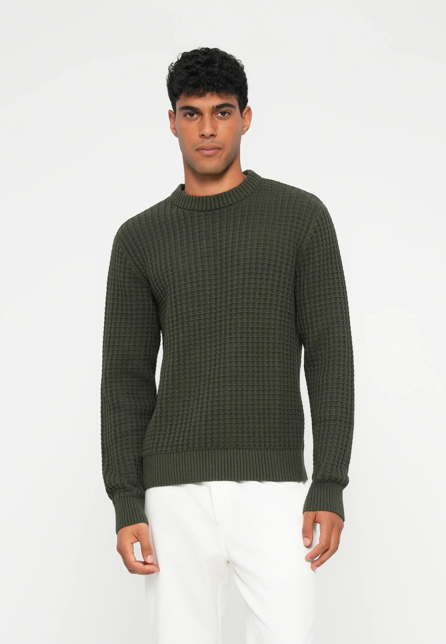 Textured Men's Round Neck Jumper - Green