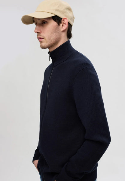 Comfort Cardigan with High Neck and Zip - Navy Blue