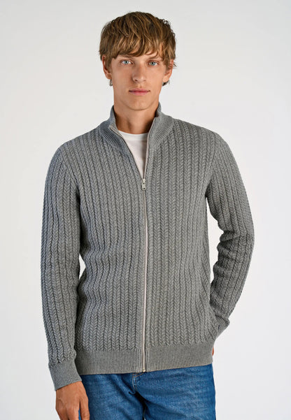 Textured Knit Cardigan with High Neck and Zipper - Grey