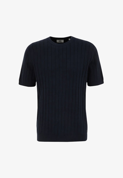 Striped Textured Cotton T-Shirt - Navy Blue