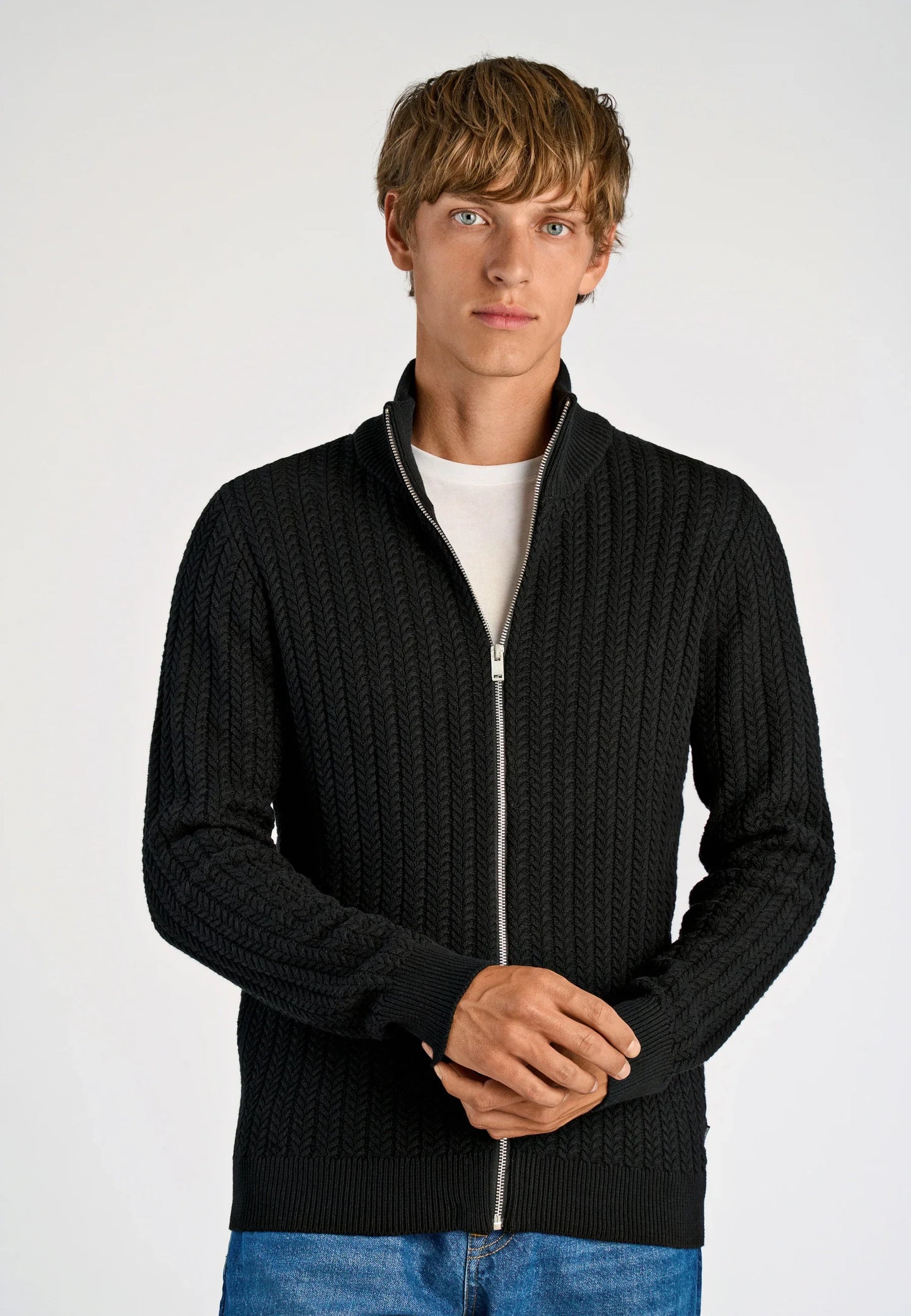 Textured Knit Cardigan with High Neck and Zipper - Black