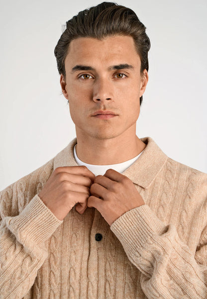 Men's Knitted Long Sleeve Polo Shirt - Beige