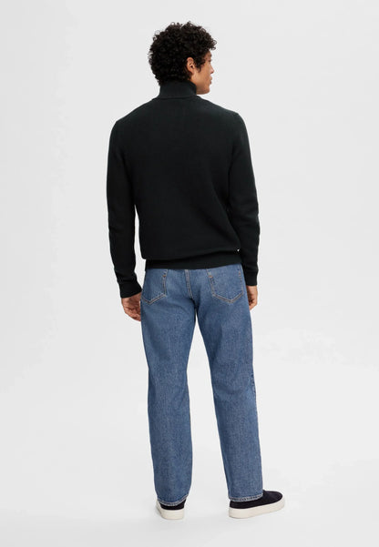 Textured Comfort Jumper with High Neck and Zip - Black