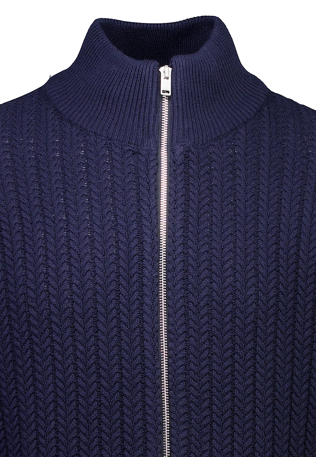 Textured Knit Cardigan with High Neck and Zipper - Navy Blue