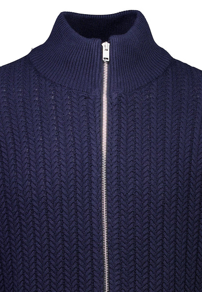 Textured Knit Cardigan with High Neck and Zipper - Navy Blue