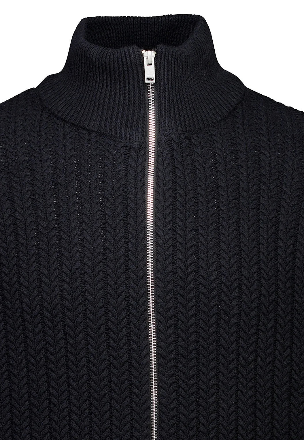 Textured Knit Cardigan with High Neck and Zipper - Black