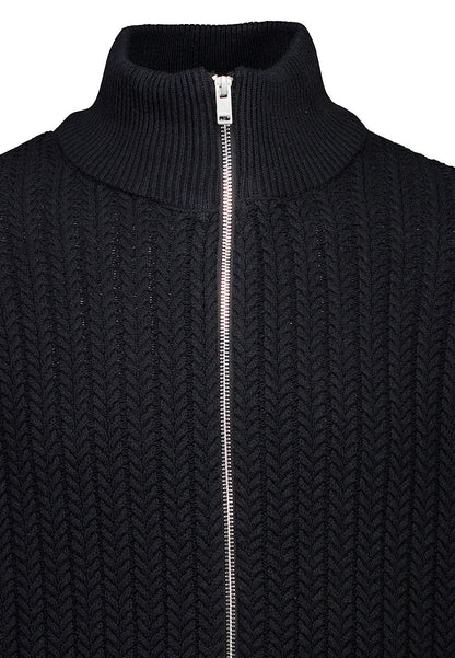 Textured Knit Cardigan with High Neck and Zipper - Black