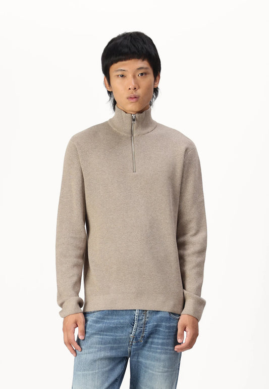 Textured Comfort Jumper with High Neck and Zip - Brown