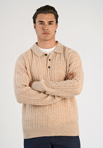 Men's Knitted Long Sleeve Polo Shirt - Beige