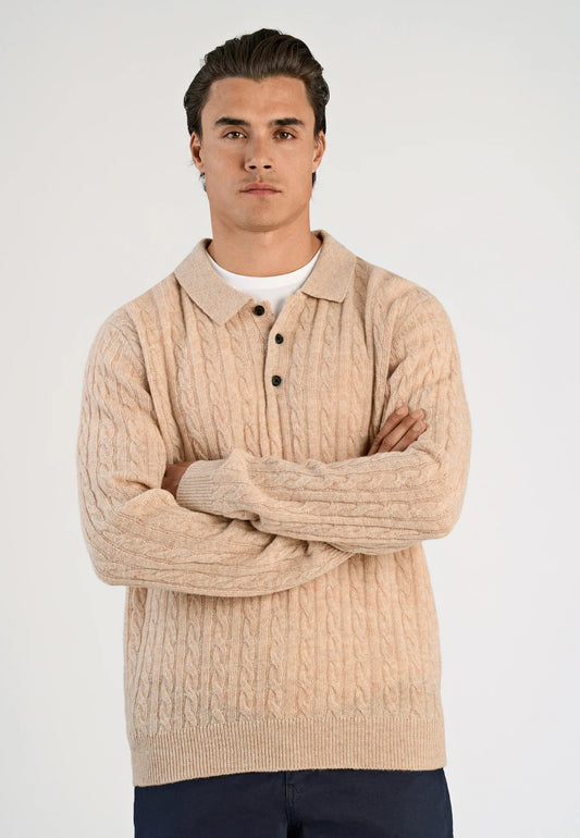 Men's Knitted Long Sleeve Polo Shirt - Beige