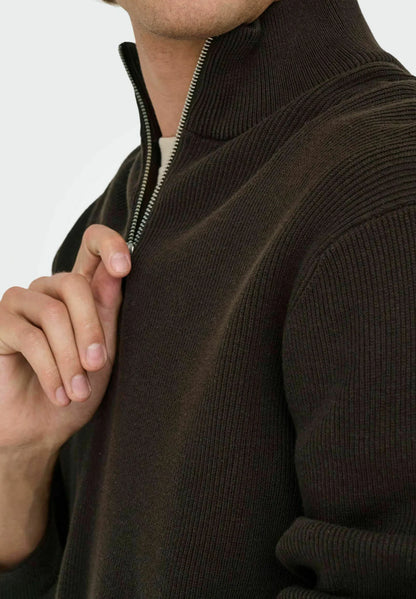Textured Comfort Jumper with High Neck and Zipper - Coffee