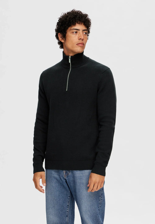 Textured Comfort Jumper with High Neck and Zip - Black
