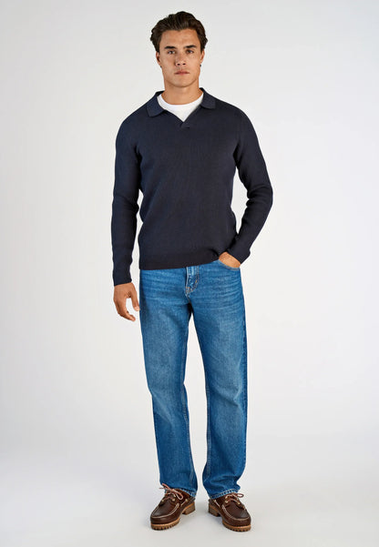 Textured Long Sleeve Men's Polo Shirt - Navy Blue