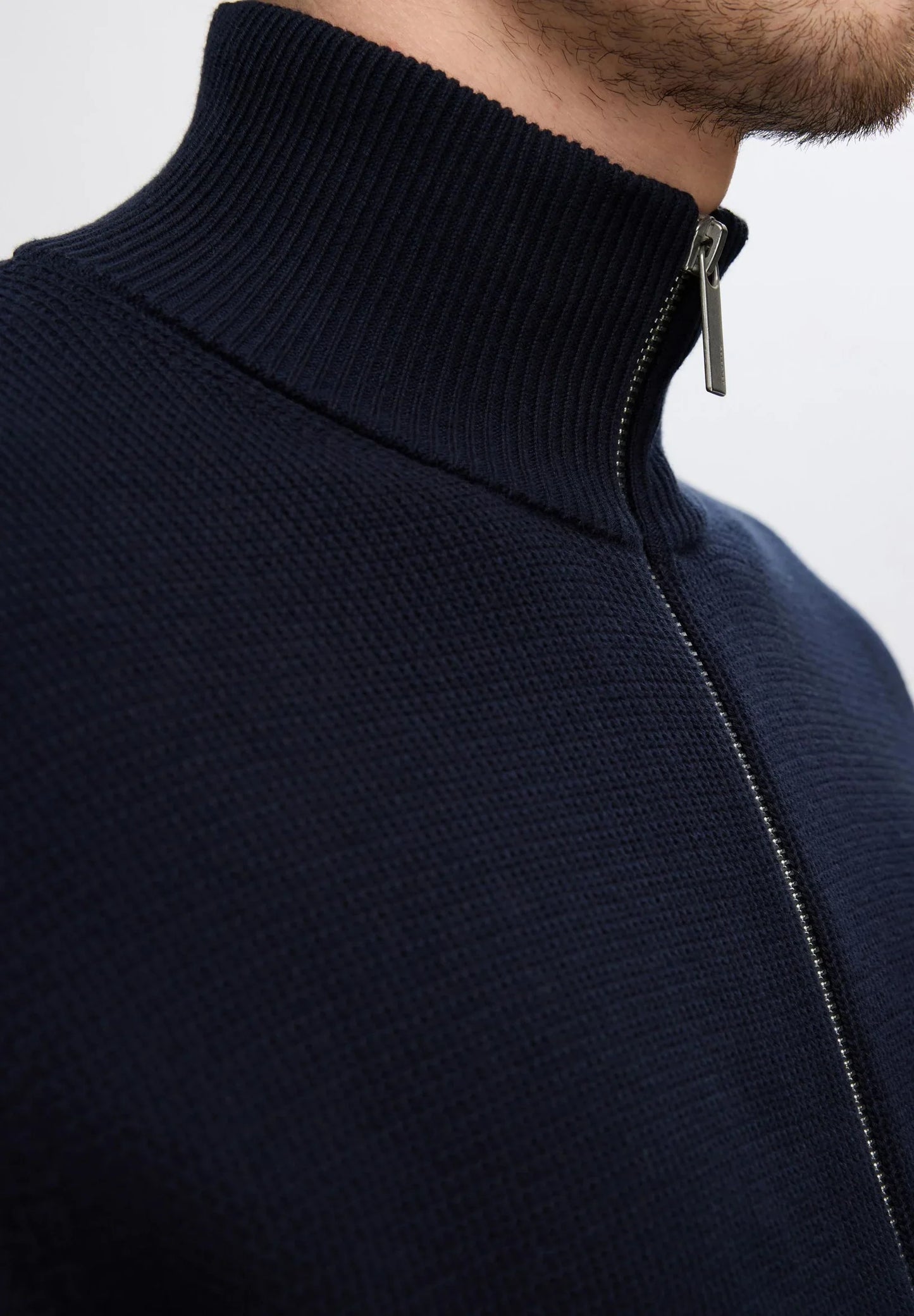 Comfort Cardigan with High Neck and Zip - Navy Blue