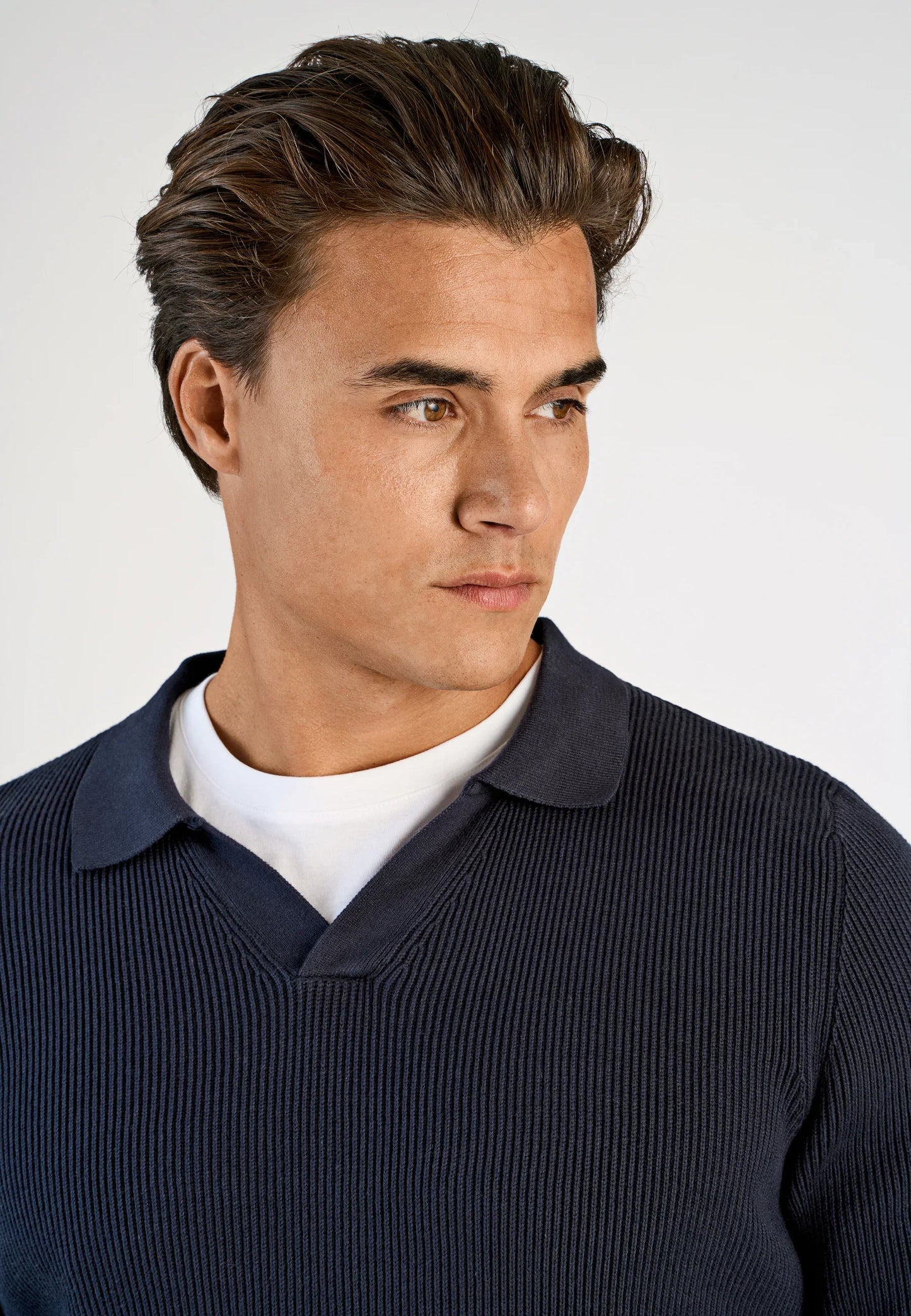 Textured Long Sleeve Men's Polo Shirt - Navy Blue