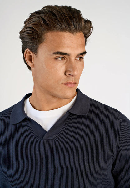 Textured Long Sleeve Men's Polo Shirt - Navy Blue