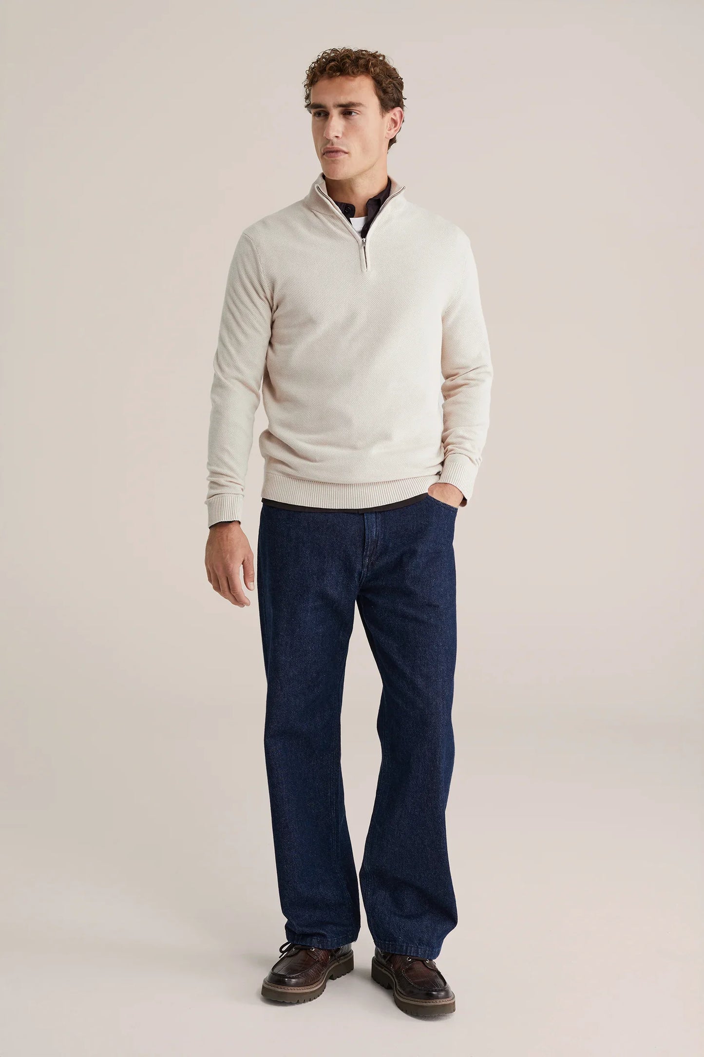 Men's Cotton Jumper with Troyer Collar and Zip - Off White
