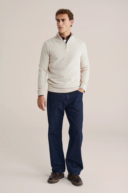 Men's Cotton Jumper with Troyer Collar and Zip - Off White