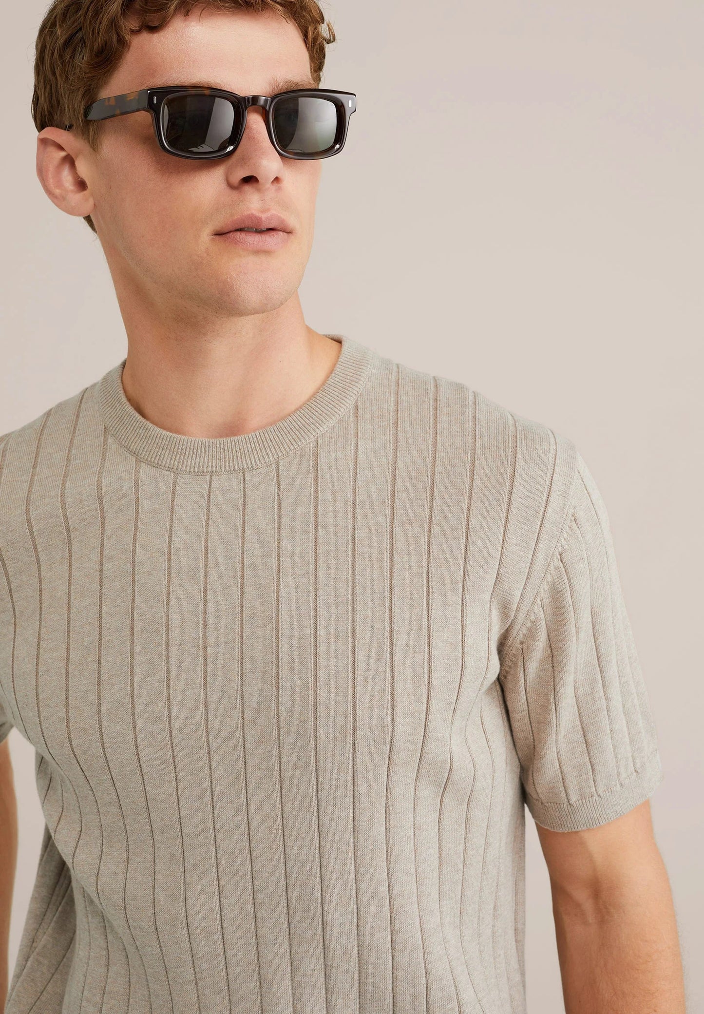 Textured Cotton Striped T-Shirt - Beige