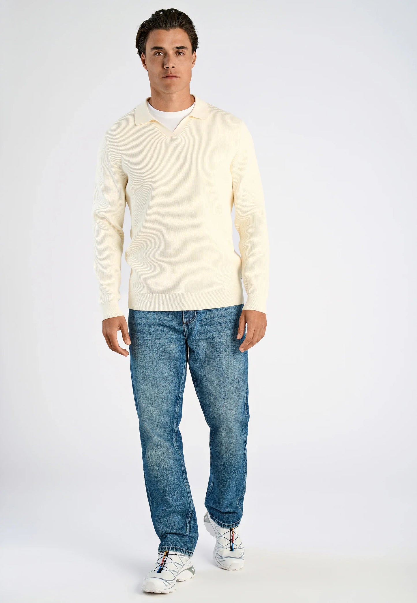 Men's Textured Long Sleeve Polo Shirt - Off White