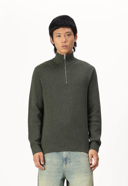 Textured Comfort Jumper with High Neck and Zip - Sage