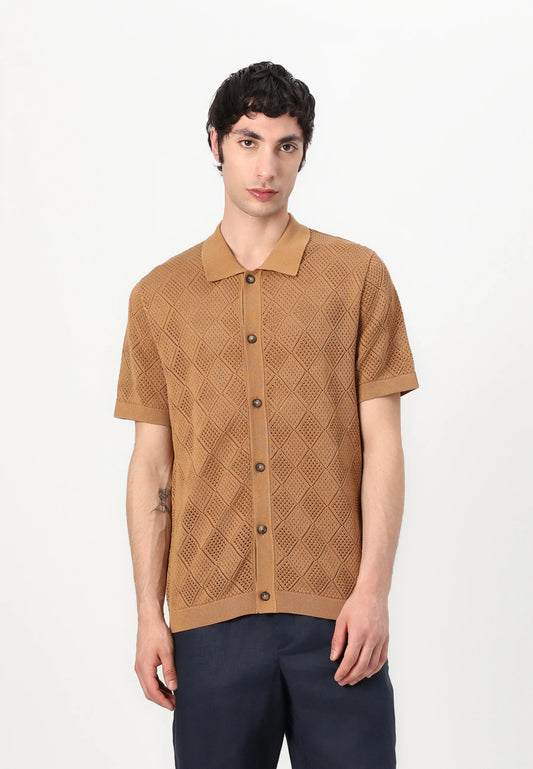 Polo Collar Knit Textured Shirt - Brown