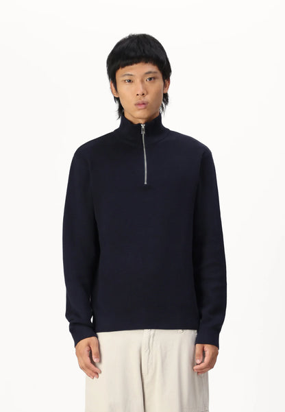 Textured Comfort Jumper with High Neck and Zipper - Navy Blue