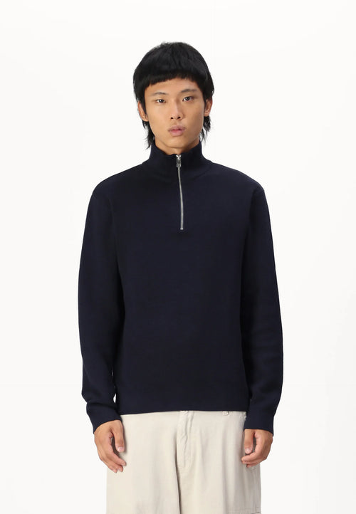 Textured Comfort Jumper with High Neck and Zipper - Navy Blue