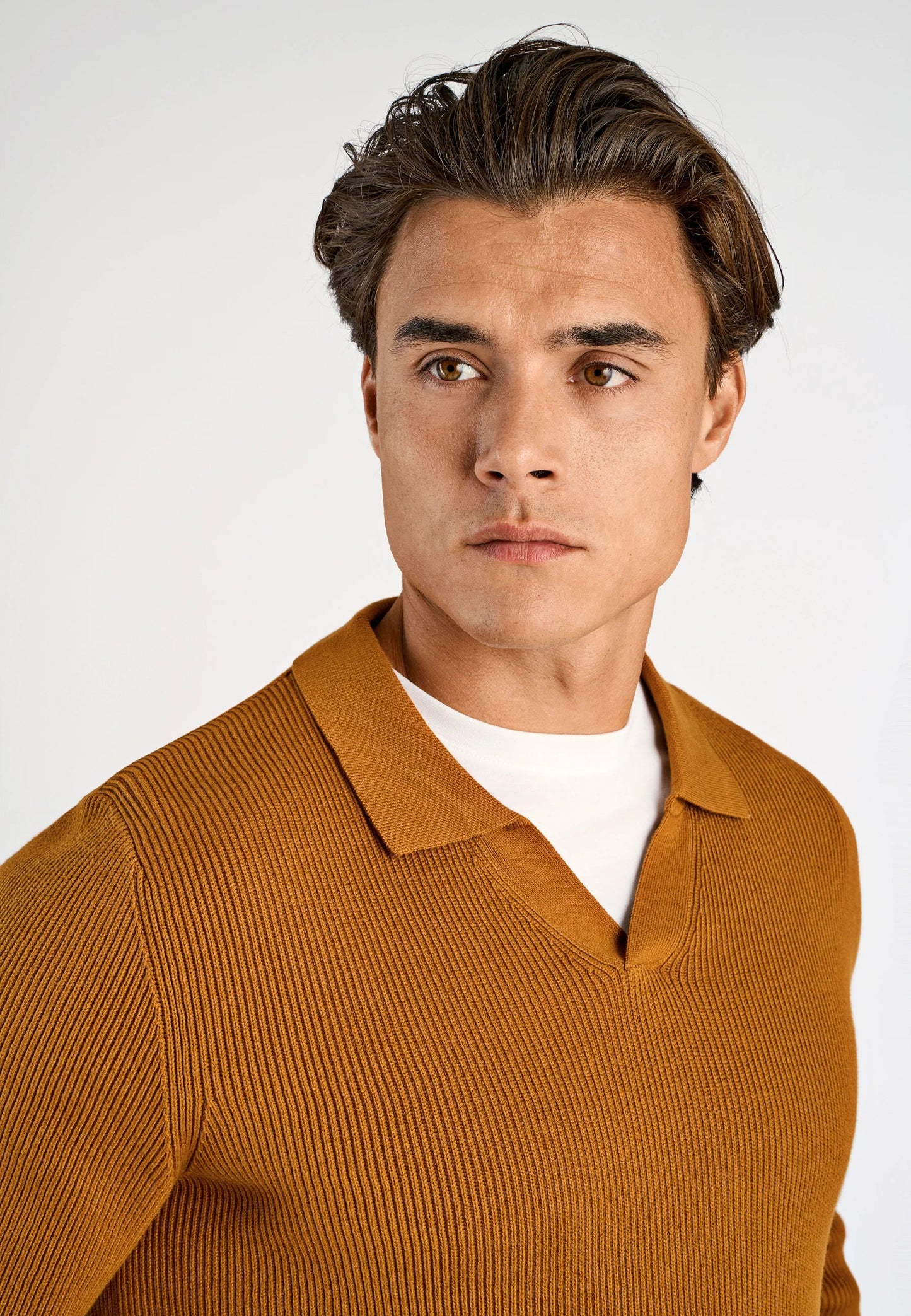 Men's Textured Long Sleeve Polo Shirt - Caramel