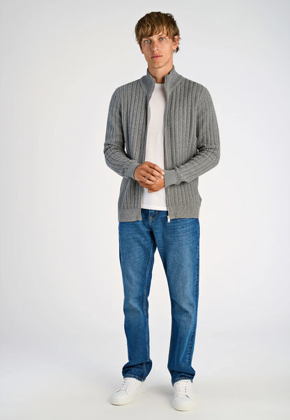 Textured Knit Cardigan with High Neck and Zipper - Grey