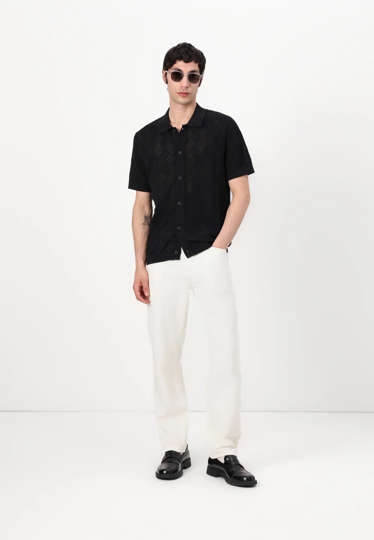 Polo Collar Shirt with Knitted Texture - Black