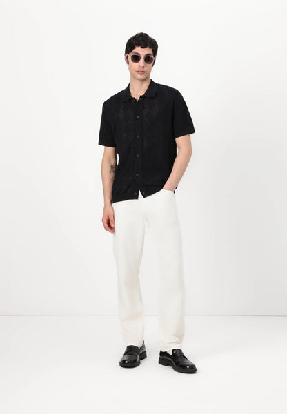 Polo Collar Shirt with Knitted Texture - Black