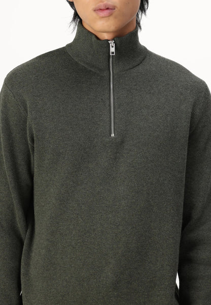 Textured Comfort Jumper with High Neck and Zip - Sage