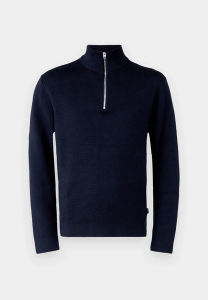 Textured Comfort Jumper with High Neck and Zipper - Navy Blue