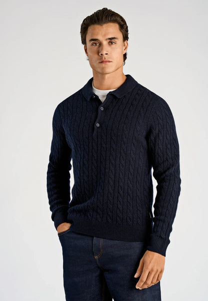 Men's Long Sleeve Knitted Polo Shirt - Navy Blue