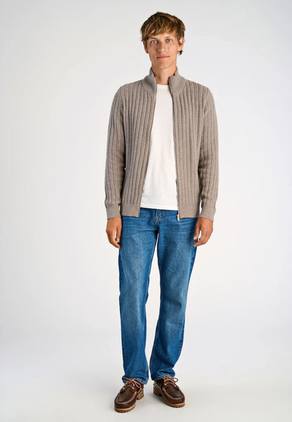 Textured Knit Cardigan with High Neck and Zip - Beige