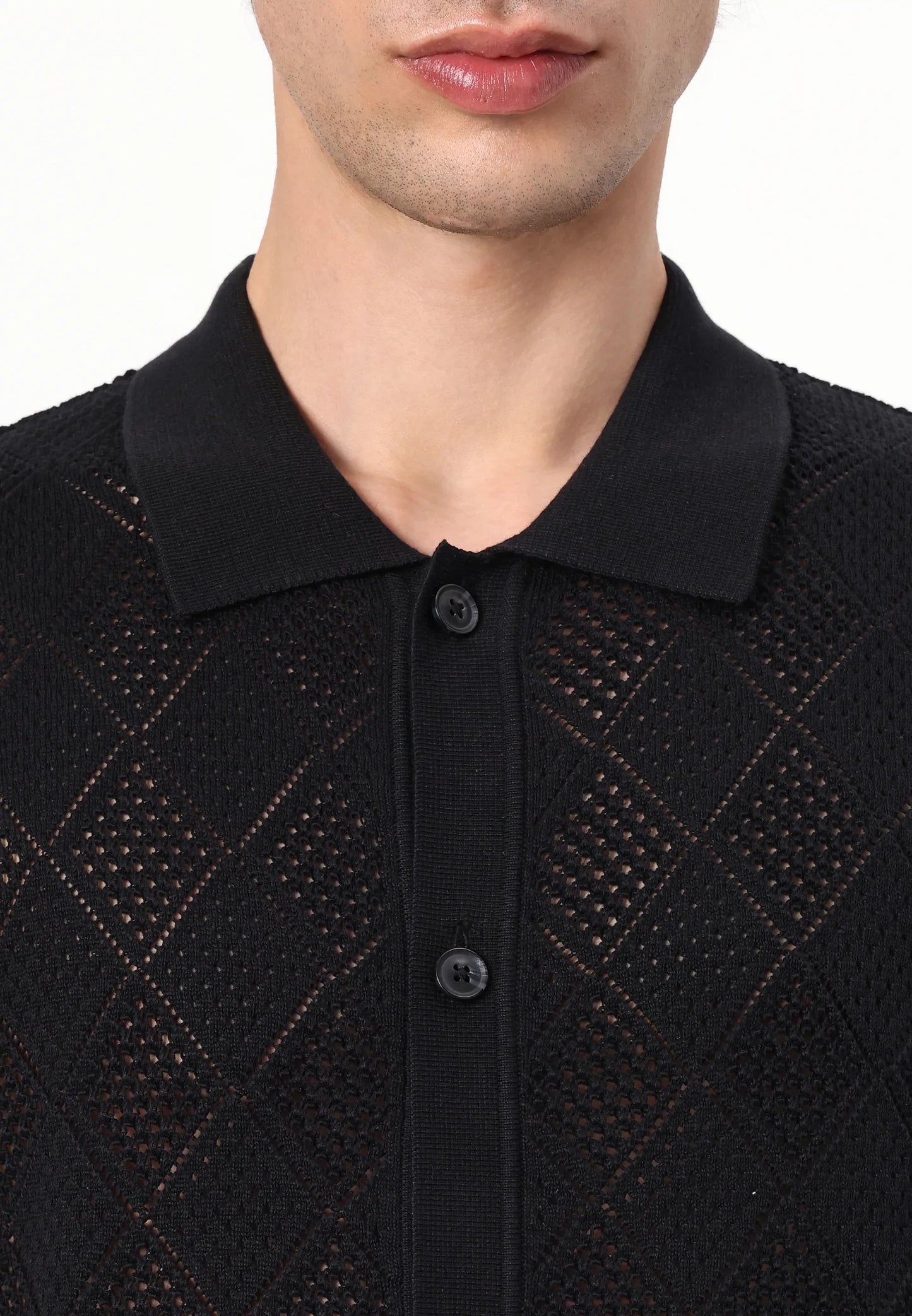 Polo Collar Shirt with Knitted Texture - Black