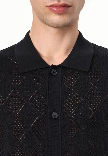 Polo Collar Shirt with Knitted Texture - Black