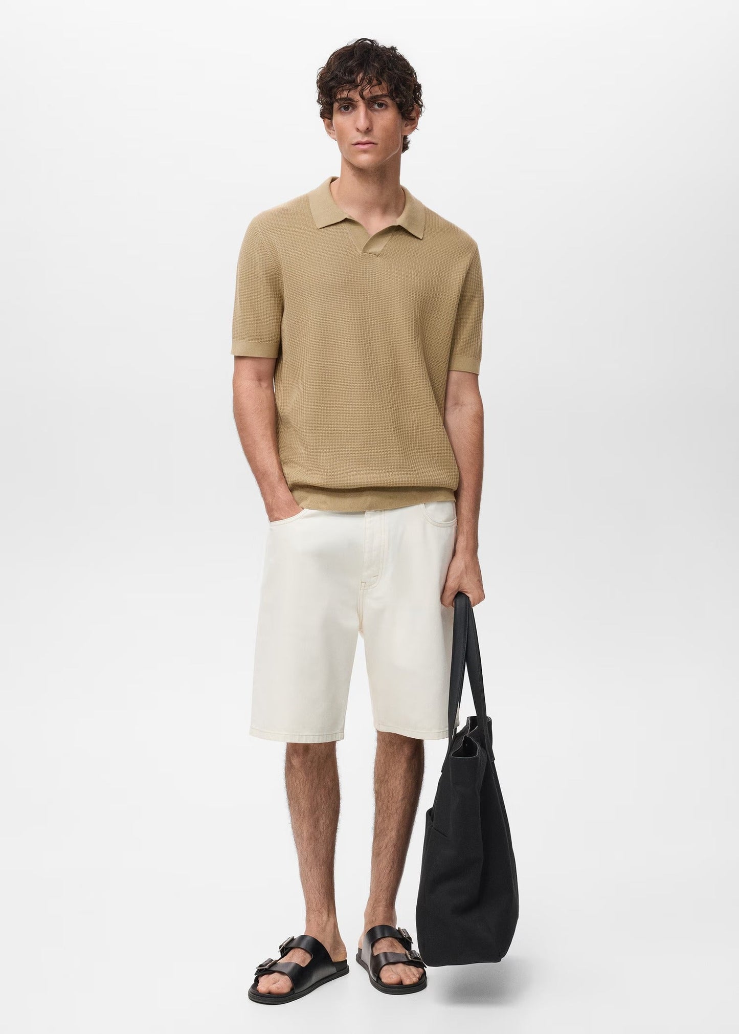 Textured Knit Polo Shirt - Beige