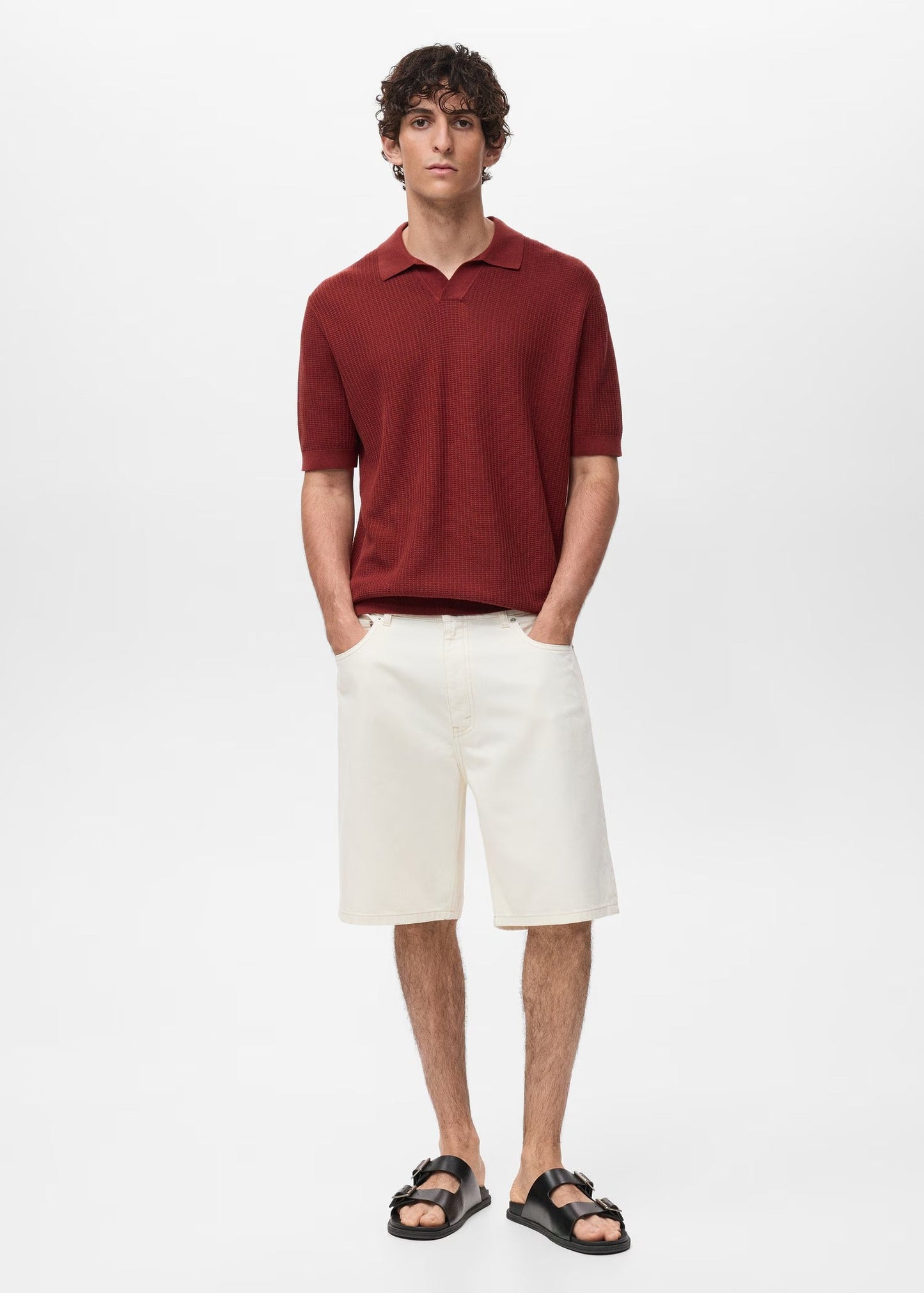 Textured Knit Polo Shirt - Red