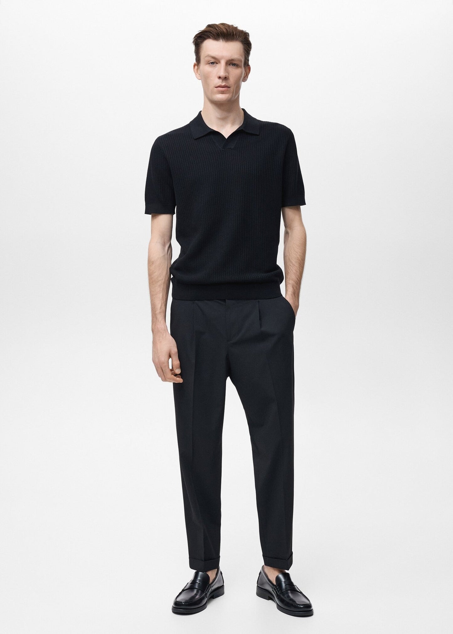 Textured Knit Polo Shirt - Black
