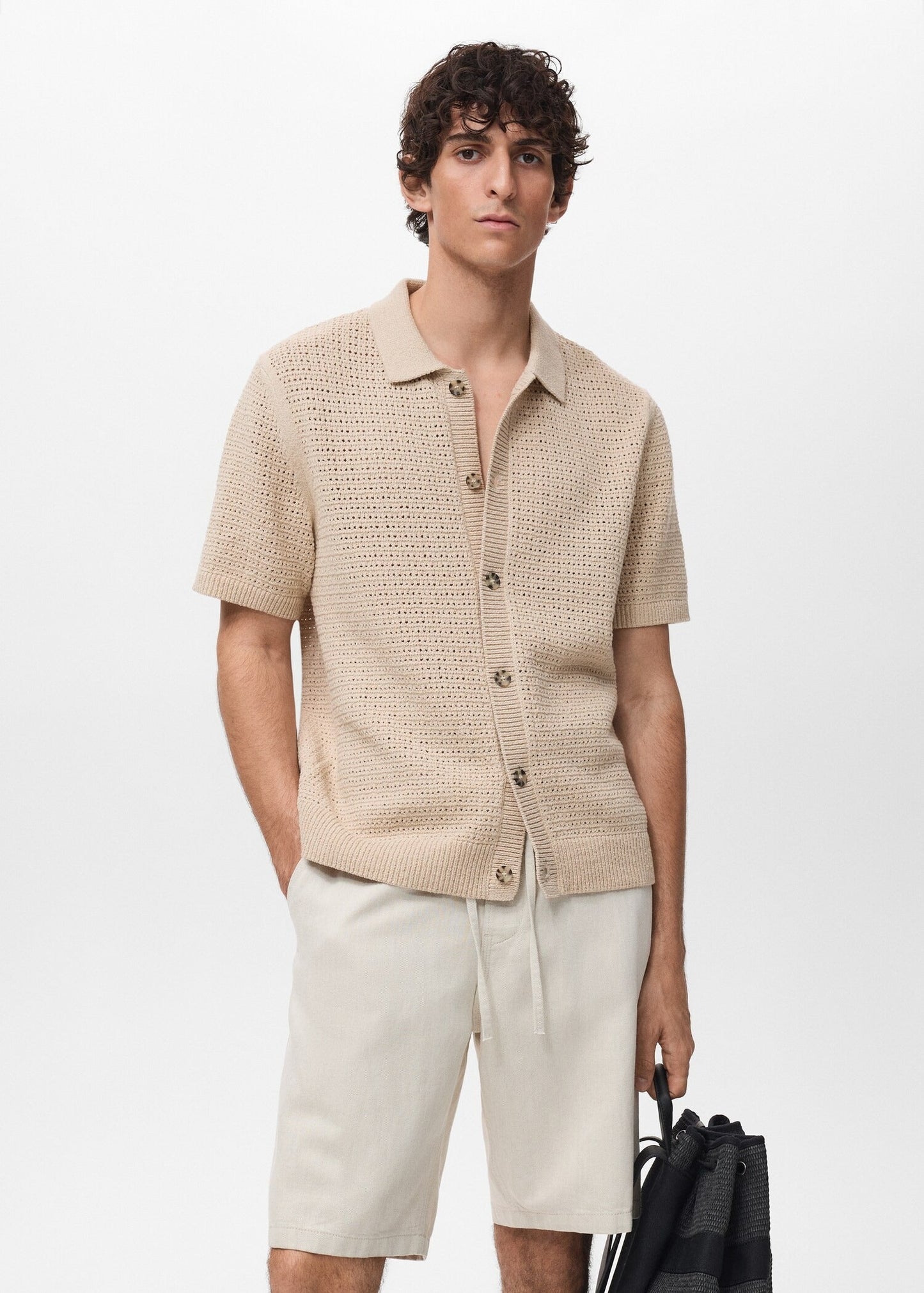 Crochet Mesh Knit Polo Shirt - Beige