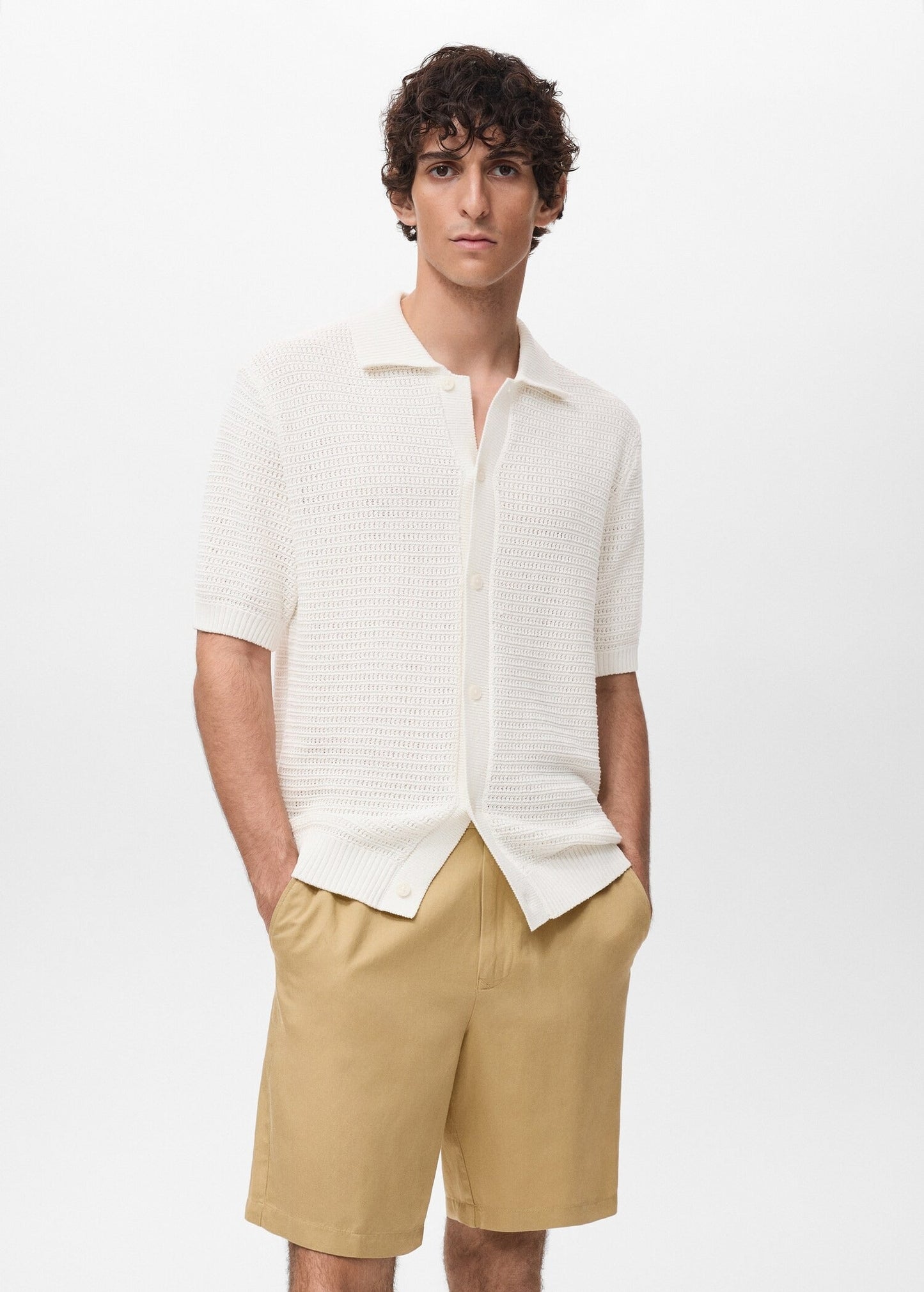 Crochet Knit Openwork Polo Shirt - White