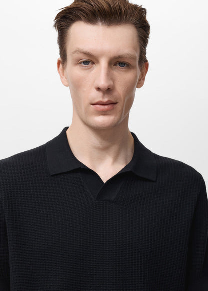 Textured Knit Polo Shirt - Black