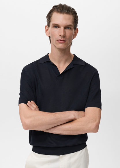 Textured Knit Polo Shirt - Navy Blue