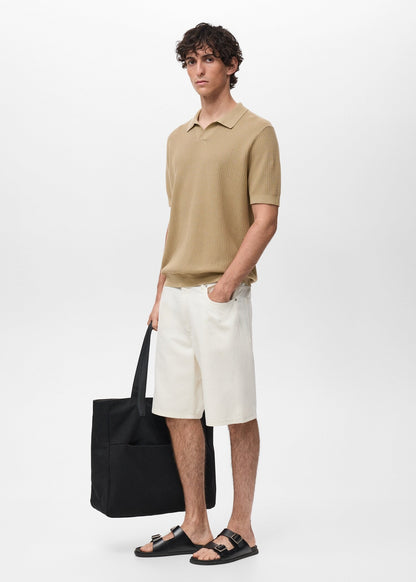 Textured Knit Polo Shirt - Beige