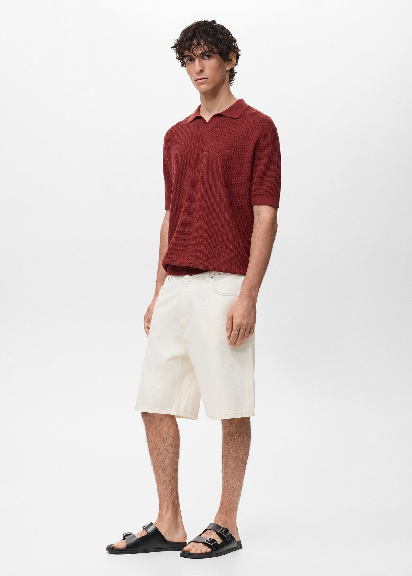 Textured Knit Polo Shirt - Red