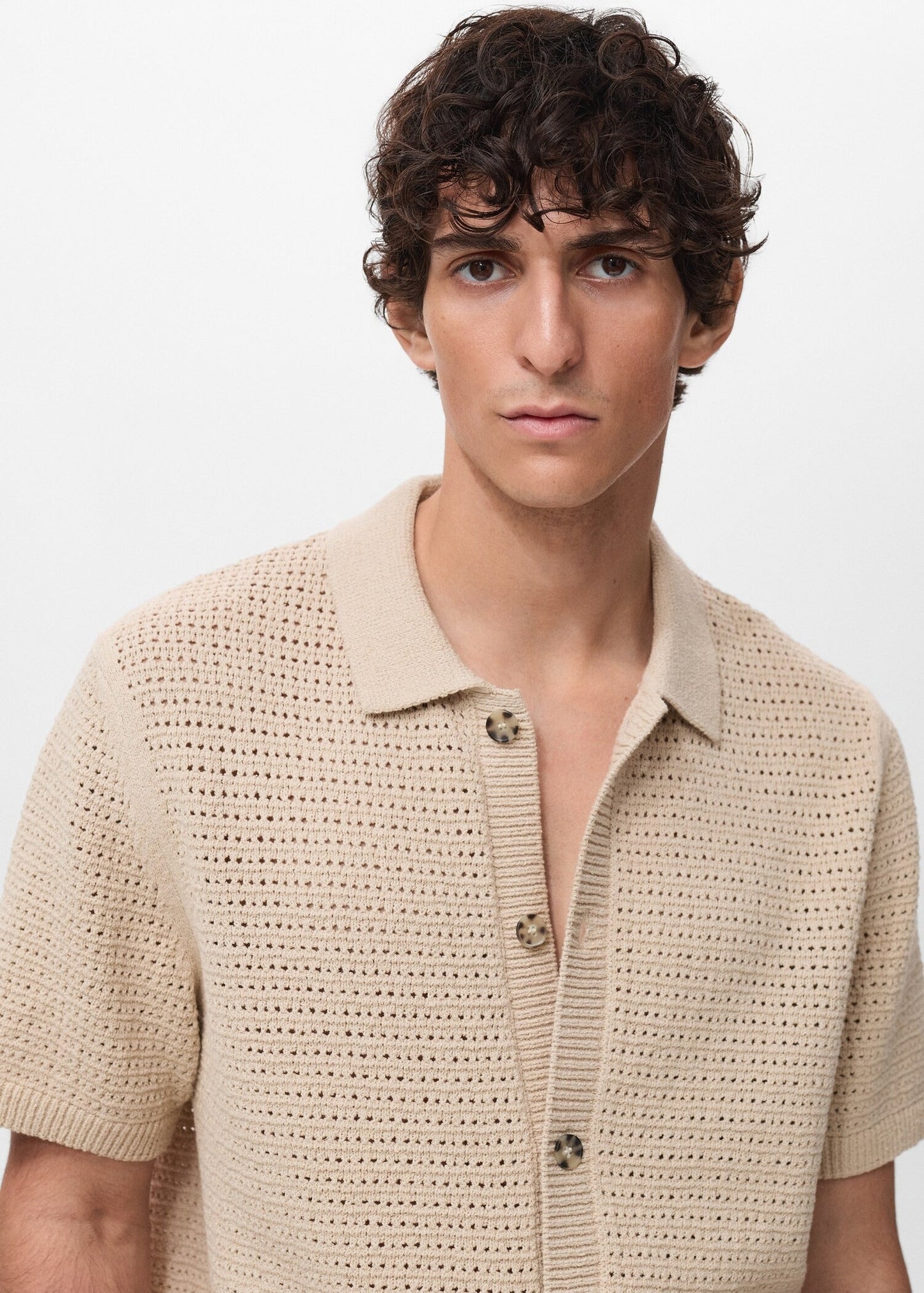 Crochet Mesh Knit Polo Shirt - Beige