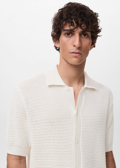 Crochet Knit Openwork Polo Shirt - White